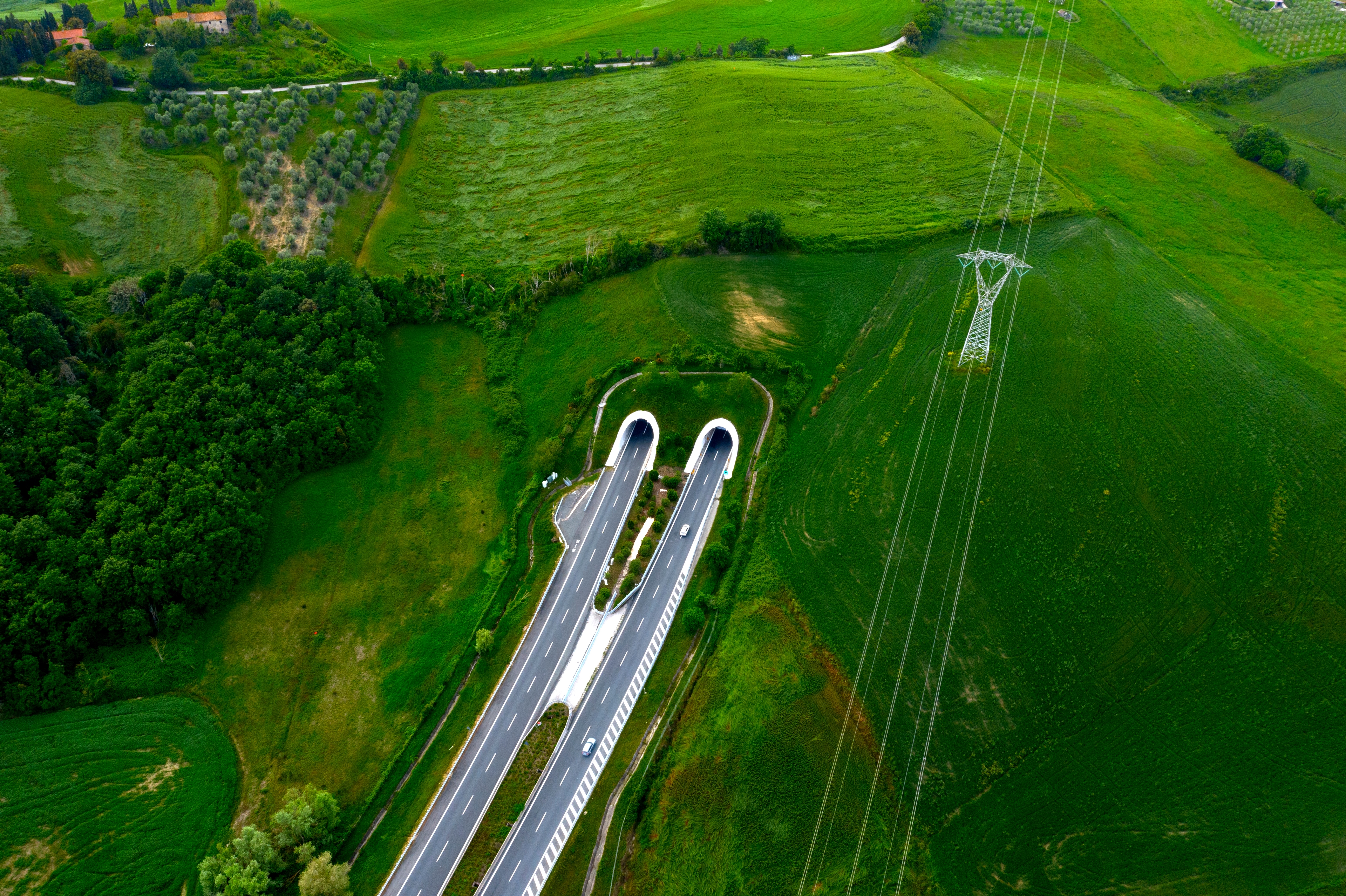 Aerial view of highway in Tuscany countryside, Italy
