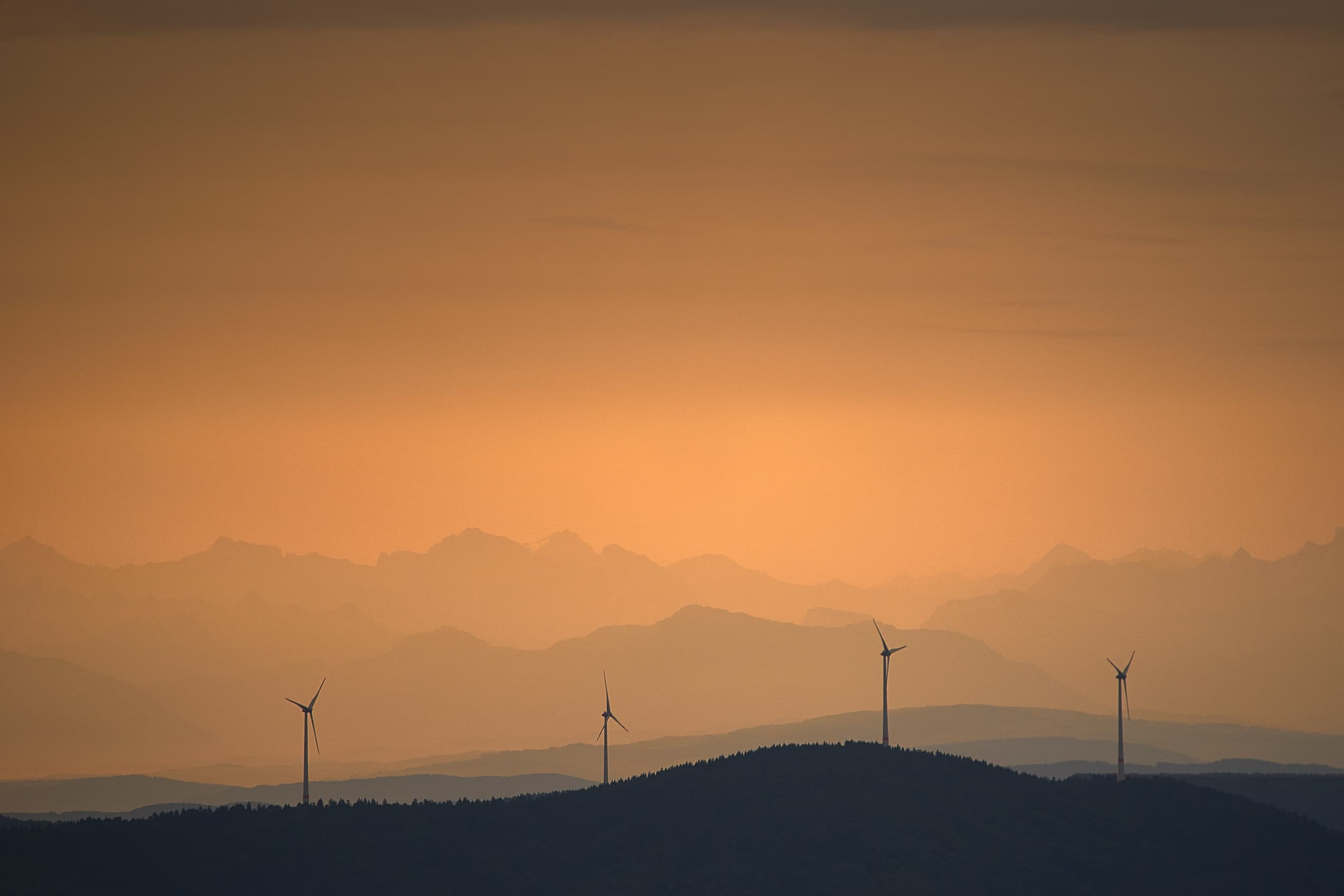 Wind park at dusk with fog